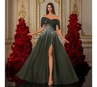 Une robe de soirée de luxe à jupe longue fendue, avec épaules dénudées, en tulle avec broderie de sequins dégradé bleu royal L,M,S,XLTissu tissé