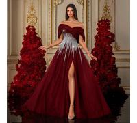 Une robe de soirée de luxe à jupe longue fendue, avec épaules dénudées, en tulle avec broderie de sequins dégradé bleu royal L,M,S,XLTissu tissé