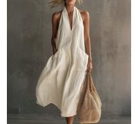 Une robe modeste de style dame tropicale, crème blanc, sans manches, col en V, avec une grande poche et une jupe fluide, parfaite pour les vacances, la plage et l'été L,M,S,XL,XSUnicoloreTissu tissé