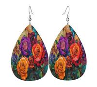 Une rose avec de riches boucles d'oreilles en cuir en forme de larme pour femme - Boucles d'oreilles pendantes légères en PVC avec crochets en argent 925, imprimés double face | Cadeau