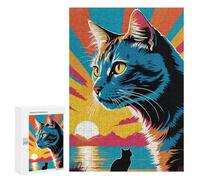 Une silhouette de chat colorée sur un fond de coucher de soleil vibrant. Puzzle classique en bois de 300 pièces pour adultes