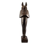 Une statue égyptienne antique unique de Anubis Jackal Dieu de l'au-delà et momification debout en forme de momie avec tête de Jackel Pierre noire lourde fabriquée en Égypte.