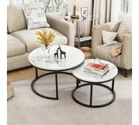 Une table basse ronde empilable plaquée or, avec un plateau en bois marbré et une structure métallique robuste, idéale comme table d'appoint pour les salons, les chambres, les balcons et les terrasses