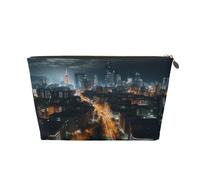 Une trousse de toilette en cuir rose avec fleur - Grande capacité - Portable - Convient pour un usage quotidien et en voyage, Vue nocturne sur la ville, Taille unique