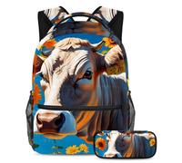 Une vache mignonne et une fleur se préparent à réussir avec notre ensemble de 2 cartables pour enfants, parfait pour les garçons, les filles, les adolescents, doté d'un sac à dos de grande capacité et