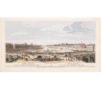Une vue de Paris prise du milieu du Pont Neuf vers le Pont Royal. D'après une gravure datée de 1749 par Remigius Parr d'après une œuvre de Jacques Rigaud. Colourisation postérieure. Poster imprimé par