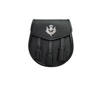 Uneed Sporran écossais 100 % cuir noir avec chardon et 3 pompons avec ceinture de chaîne 02, Noir , M