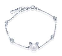 Unendlich U Bracelet La tête du chaton aimable orné perle et zirconium en Argent fin S925 Couleur de blanc d'argent Longueur est réglable pour femme fille