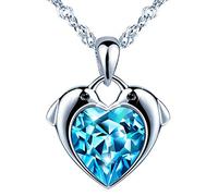 Unendlich U Collier femme fille, collier en 925 argent sterling, collier pendentif de cœur, deux dauphins mignons orné le zircon bleu