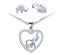 Unendlich U Ensemble de bijoux, Collier et Boucles d'oreilles en argent 925, collier et clous d'oreilles femme fille, collier pendentif cœur, boucles d'oreilles éléphant, orné zircon brillant, argent