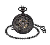 Unendlich U Montre de Poche mécanique Homme, Montre de Poche Vintage Motif de Gravure, Cadran en Chiffres Romains, Boîtier d'acier Inoxydable Noir, pour Homme Femme