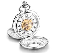 Unendlich U Montre de Poche mécanique, Montre de Poche Chiffres Rétro Creux Squelette en Acier, Montre Pendentif pour Homme Femme, avec Deux chaînes, Cadeau de Noël et Anniversaire