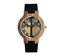 Unendlich U Montre en Bois de Bambou Homme, Bracelet Noir en Cuir Pleine, Cadran en Bois avec Le Motif de Bois, Le Bois Original Montre Bracelet, Montre à Quartz