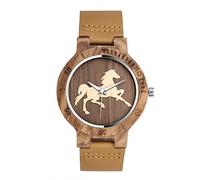 Unendlich U Montre en Bois de Bambou pour Homme et Femme, Bracelet Brun en Cuir Pleine, Cadran à Motif Cheval Unique, Le Bois Original Montre Bracelet, Montre à Quartz