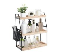 Uneviesyka Organisateur de comptoir de salle de bain, étagère de rangement debout à 3 niveaux avec panier, plateau en bois pour soins de la peau (marron)