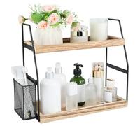 Uneviesyka Organiseur de comptoir de salle de bain, étagère de rangement debout à 2 niveaux avec panier, plateau en bois pour soins de la peau