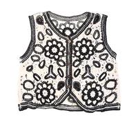 UNFAIRZQ Haut court rétro ajouré en crochet pour femme avec broderie florale sans manches pour veste, cardigan, bouton, bohème, hippie, broderie florale, veste sans manches
