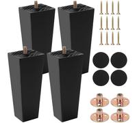 UNGFEI Lot de 4 pieds de meubles en bois massif de 15 cm avec plaques de montage, pieds de rechange noirs pour lit, chaise, canapé, armoire, tapis amélioré inclus