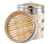 UNGFEI Panier vapeur en bambou de 20 cm avec couvercle, 4 niveaux en bambou avec bande en acier inoxydable pour petits pains, raviolis, dim sum