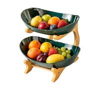Ungtyb Fruit Basket with Wood Stand - 2 Tier Oval Organizer for Kitchen Counter Storage Use | Metal Fruit Bowl Holder, Snack Candy Dessert Display Rack, Home Office Living Room Decor
