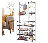 Ungtyb Shoe Rack with Hanging Hooks, Floor-Standing Clothes Hanger, Multi-Functional Shoe and Clothes Rack, Adjustable Clothes Rack with Shoe Storage for Home Bedroom (Black, White)