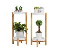 unho Porte Plante en Bambou, Etagère Plantes à 2 Niveaux Cache Pot Sur Pied Plante Intérieur Lot de 2 Support Plantes Extérieur pour Salon Balcon Jardin Bureau, Blanc Charge Maximale 10kg*2