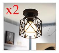 UNI 2 Pack Rétro Lampe de Plafond Industrielle Cage Carrée Noir Fer Plafonnier Suspension Luminaire pour Couloir Entrée Allée