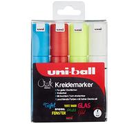 Uni-Ball 186404 - Marqueur pour fenêtres et craie UNI CHALK PWE-8K, 8 mm, pointe biseautée, lot de 4, assortis