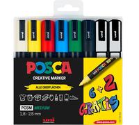 Uni-Ball 186826 - Posca Marker Set, Étui De 8 Stylos Acryliques Pc-5m, 1.8 - 2.5 Mm, 6 Couleurs Standard + 2 Couleurs Spéciales Changeantes[Z2171]