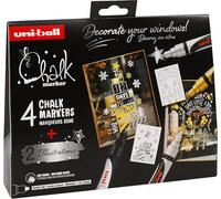 Uni-Ball 186831 - Set de marqueurs craie Xmas skand, 4 marqueurs avec 2 pochoirs, UNI CHALK MARKER, crayons craie pour fenêtres