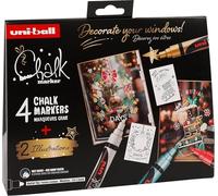 Uni-Ball 186831 - Set de marqueurs craie Xmas trad, 4 marqueurs avec 2 pochoirs, UNI CHALK MARKER, crayons craie pour fenêtres