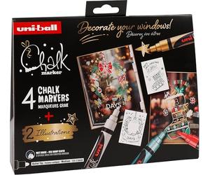 Uni-Ball 186831 - Set de marqueurs craie Xmas trad, 4 marqueurs avec 2 pochoirs, UNI CHALK MARKER, crayons craie pour fenêtres