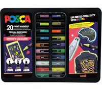 Uni-Ball 186832 - POSCA Marker Set, 20 stylos acryliques en étui, Marker Set Groovy Colours, pointe PWE5M 1,8-2,5 mm