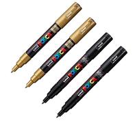 Uni-Ball 205081 - Set de marqueurs POSCA, or et noir, 4 pièces, stylos acryliques PC-1MC, 0,7 mm