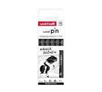 uni-ball - 5 Feutres d’Écriture et de Dessin Spécial Manga Shonen - 4 Pointes Calibrées Ultra-Fines à Moyennes et 1 Pointe Brush - Encre Noire