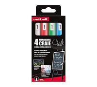 UNI-BALL Chalk Marker - Uni Mitsubishi Pencil - Marqueurs Craie PWE-5M - Marquage Éphémère, Résistant à la Pluie - Pointe Conique Medium, Emballage Zéro Plastique - Lot de 4 Couleurs Assorties