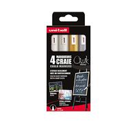 UNI-BALL Chalk Marker - Uni Mitsubishi Pencil - Marqueurs Craie PWE-5M - Marquage Éphémère, Résistant à la Pluie - Pointe Conique Medium - Emballage Zéro Plastique - Lot de 4 - Blanc X2, Or, Argent