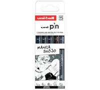 uni-ball - Mitsubishi Pencil - 5 Feutres d’Écriture et de Dessin Spécial Manga Shojo Uni Pin - 3 Pointes Calibrées Ultra-Fines à Fines - 1 Pointe Brush Extra Fine Noires - 1 Pointe Brush Gris Foncé