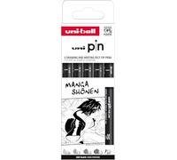 uni-ball - Mitsubishi Pencil - 5 Feutres d’Écriture et de Dessin Spécial Manga Shonen Uni Pin - 4 Pointes Calibrées Ultra-Fines à Moyennes et 1 Pointe Brush - Encre Noire