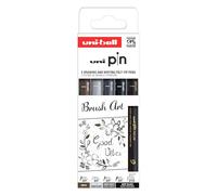 uni-ball - Mitsubishi Pencil - 5 Feutres d’Écriture Spécial Brush Art Uni Pin - Pochette avec 5 Pointes Brush - 2 Noirs - 1 Gris Clair - 1 Gris Foncé - 1 Sépia
