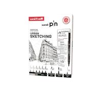 uni-ball - Mitsubishi Pencil - Coffret d’Initiation Urban Sketching Uni Pin - 8 Feutres Pointes Calibrées Ultra-Fines à Fines et Brush - 1 Porte-Mines Shalaku S - 4 Planches Tuto