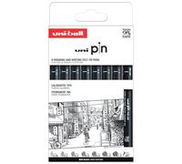 Uni-ball – Pochette 8 feutres Uni Pin – Pointes calibrées ultra-fines, larges et brush – Encre noire