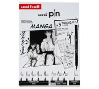 uni-ball PIN Lot de 3 feutres fins à encre noire Manga comprenant 3 feutres fineliners, 5 pointes pinceaux, 1 porte-mine. Encre résistante à l'eau et à la décoloration pour croquis, calligraphie,