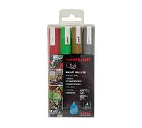 Uni-Ball PWE-5M Lot de 4 marqueurs à craie liquide multi-usages effaçables pour tableaux, tableaux noirs, tableaux blancs, verre, miroirs, plastique, fenêtres, métal, tons de Noël, pointe ogive 5 mm