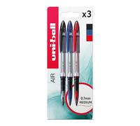 uni-ball UB-188-L Air Lot de 3 stylos roller à pointe moyenne 0,7 mm pour une écriture manuscrite très lisse Encre liquide résistante à la décoloration et à l'eau Noir/bleu/rouge