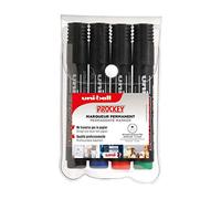 Uni Ball - Uni Mitsubishi Pencil - Marqueur Permanent Inodore Uni Prockey PM126 - Multisupport, multifonction - Base Eau, Sans Odeur - Pointe Biseautée Large 5,7 mm - Lot de 4 Couleurs