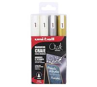 Uni Ball - Uni Mitsubishi Pencil - Marqueurs Craie Chalk Marker PWE-5M - Marquage Éphémère, Résistant à la Pluie - Pointe Conique Medium - Lot de 4 - Blanc X2, Or, Argent