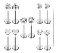 Uni-J Lot de 10 piercings pour tragus, conque, cartilage, hélix, labret, monroe, lèvre, daith, 20 g/18 g/16 g, 16G (1.2mm) and 8mm, Acier inoxydable, Zircone cubique
