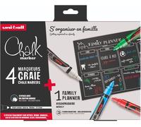 Uni Mitsubishi Pencil-4 Marqueurs Craie Uni Chalk Pw5m-Pointe Medium + 1 Family Planner Aimanté-Marqueurs Effaçables À L'eau Sur Surfaces Non Poreuses-Couleurs Assorties