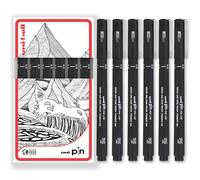 Uni Pin Fineliner Lot de 6 stylos à dessin à encre noire Pointe fine 0,5 mm Boîte cadeau